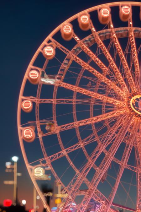 close-up view of Cosmo Clock 21 Ferris wheel at dusk, vibrant colors and motion blur, modern city background, ultra-realistic with shallow depth of field, long exposure style, dreamy and cinematic atmosphere