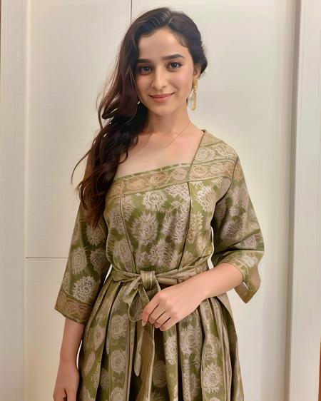 photo of ssin woman, conservatively dressed,  wearing Sage high neck Kalamkari Dress (hand-painted fabric) that covers the neck breasts and midriff, dynamic pose, simple bohemian interior background in bokeh <lora:ssin_Simone_Singh_SD15_LoRA_prodigy_local_regs:1>
