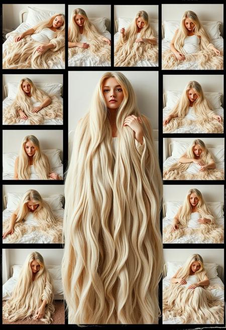montage of several poloroids cut and pasted together. Photos are in many poses and the actions of of a young woman with extremely long, thick, voluminous, light-colored hair, that is many times longer than they are tall. She is in a big bed and even if she spreads out she is does not need clothing since her hair covers their arms, legs, shoulders, head, face, feet, and waist completely. She lifts armloads of very long hair. the longest hair ever seen covers her bed and there is lots of long hair on the ground. She loves her excessive fuzzy, furry, voluminous, gigantic excessive amount of hair.