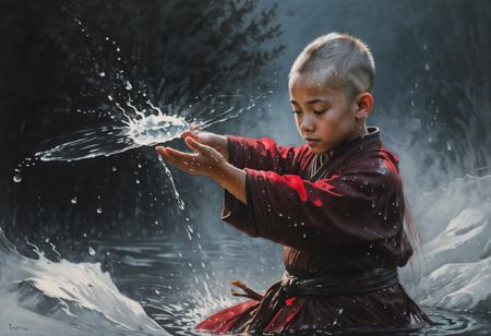 (masterpiece), (best quality), (ultra detail), Charcoal and chalk drawings. Sketch (Hyperrealism). A small boy with a shaved head Tibetan monk and in traditional beige clothes performs magic of the element of water, and around him (((huge drops of water float in the air: 1.4))). The action takes place in a mystical snowy landscape with a serene, magical atmosphere. The boy has a distinctive tattoo on his forehead, and he purposefully controls the water with gestures. The background includes soft, snow-covered forest structures and a cool color palette with blue and white tones. Inspired by a scene from the movie The Last Airbender, painting in the style of Anders Zorn, Alexi Brilo, Luisa Royo