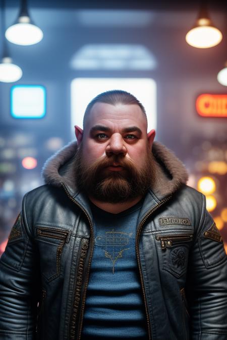 (Fearful:1.3) photo of a realistic dwarf, man, close up, pointy ears, action pose, leather jacket, t-shirt, denim pants, cyberpunk, night club, bar, indoors, neon lights, looking into the camera,intricate details, detailed, hdr, <lora:Dwarf_Diffusion:0.9>