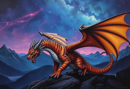 A tiger-striped dragon with sharp scales.  Two hons.  Dragon Wings.
Background mountains at night. Cosmic skyscape.  Synthwave colorscheme. Very realistic, in the style of an oil painting.