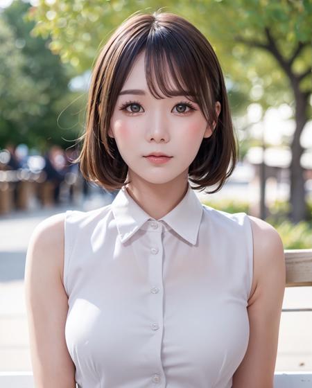 pureerosface_v1:0.03, best quality, photorealistic, 8k, high res, full color, 1girl, woman, 20 years old woman, (closed mouth:1.73), (skindentation), (portrait:0.6), trees, park bench, daylight, ((park background:1.52)), full color, ((buttonedwhiteshirt:1.58)), looking at viewer:1.8, (1girl eyes looking at viewer:1.55), (medium hair, brownhair, sweptpartedbangs:1.45), (bokeh), <lora:AAV-miru:0.64>