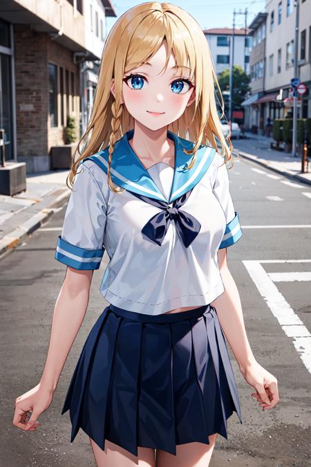 masterpiece, best quality, highres, bbhayasaka, single braid, medium breasts, school uniform, serafuku, blue sailor collar, sailor shirt, white shirt, short sleeves, pleated skirt, blue skirt, <lora:hayasaka_ai_v2:0.7>, street, standing, cowboy shot, smile