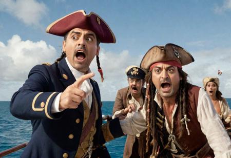 2 men taking a selfie , Johnny Depp dressed as Captain Jack Sparrow & 
Rowan Atkinson dressed as Mr Bean on the board of a sinking ship, in the background you can see the sailors yelling and screaming , realistic, complementary colors . octane render, highly detailed, volumetric, dramatic lighting