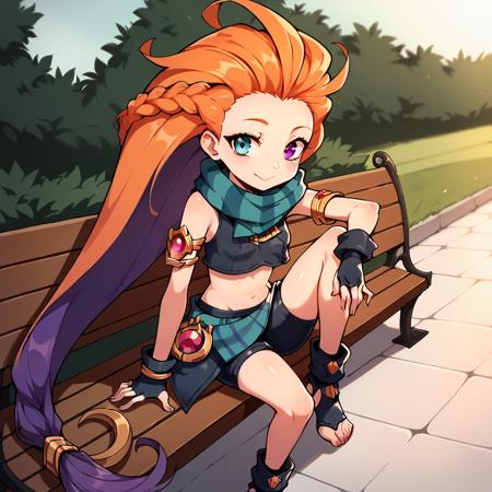 zoe, long hair, bangs, blue eyes, purple eyes, pink hair, braid, heterochromia, small breast, red hair, very long hair, orange hair, multicolored hair, purple hair, absurdly long hair,  zoe, long hair, bangs, blue eyes, purple eyes, pink hair, braid, shorts, shiny, shiny hair, shiny skin, heterochromia, black shorts, black socks, toeless legwear, bare shoulders, small breast, red hair, crop top, very long hair, bike shorts, green scarf, orange hair, multicolored hair, thighhighs, gloves,purple hair, scarf, short shorts, armlet, absurdly long hair,