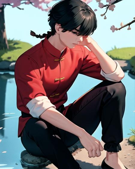 best quality, masterpiece,1boy,saotomeranma, hotwater  <lora:ranma_v1:0.8>,sitting by a pond,cowboy_shot,(red chinese clothes), black pants, black eyes with cherry blossoms and a japanese garden in the background, hands free