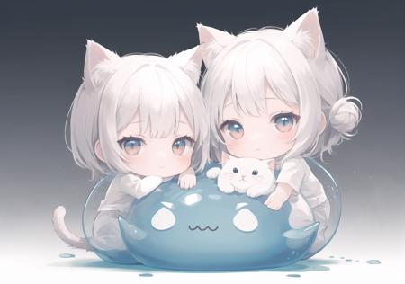  best quality, masterpiece, best quality, simple, monochromatic, Chibi, white cat(animal), round, bun, cat Slime, cat ears,・ω・
breasts,

