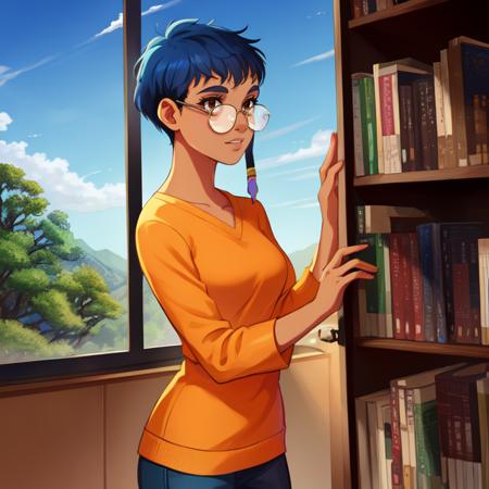 Taranee, short blue hair lock,   glasses, brown eyes,  orange casual clothes, library,  cowboy shot,  solo,  standing,  
window, trees, sky (insanely detailed, beautiful detailed face, masterpiece, best quality)  <lora:TaraneeCook-10:0.7>
mature,