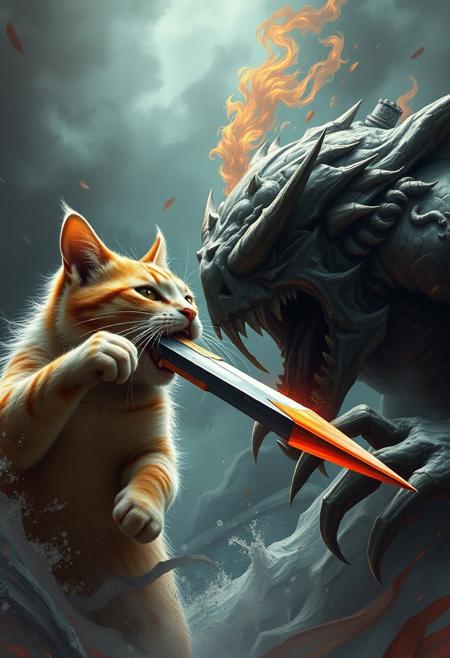 epic fight, cat with sword in mouth vs monster