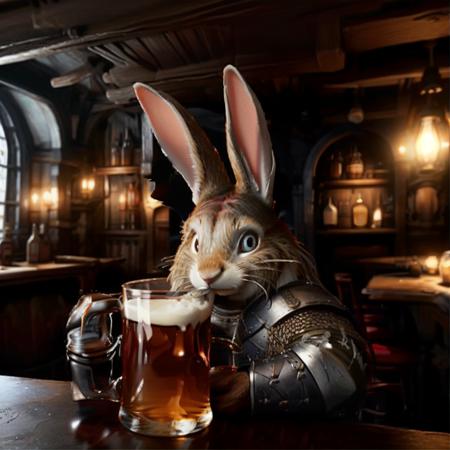 highly detailed document photo of a (harengon:1.1) in a ((medieval tavern)),

rabbit ears, white fur, solo, looking at viewer, armor, blurry, cup, depth of field, blurry background, shoulder armor, pauldrons, mug, beer, beer mug,

facing viewer, looking at viewer,

realistic:1.3, depth of field, blurry, blurry background,



photorealistic,
ultra photoreal,
32k, fantasy, 
shadow play:1.2,






