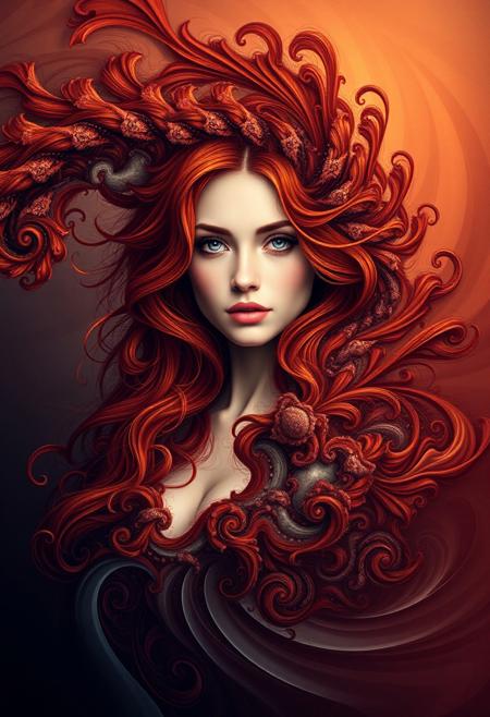 generate fractals swirling combining into a beautiful redhead woman