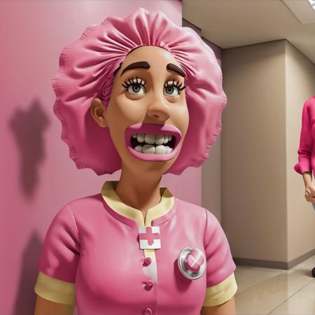 A nurse, wearing a pink suit, inside a hospital lobby, smiling at viewer, upper body perspective, aardman style<lora:Aardman Style:0.8>