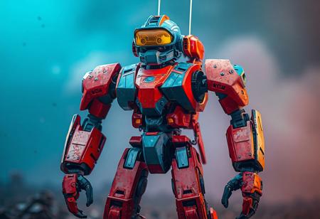 A detailed, 4K image showcases a formidable Chronomaly Mud Golem robot, a fusion of mechanical and organic elements, standing proudly against a Chaos Field backdrop. The robot, primarily red and blue, boasts a sturdy build with contrasting accents and a yellow visor on its blue head, suggesting a functional surveillance purpose. The Chronomaly Mud Golem robot's arms and legs, poised in a readiness stance, exude a sense of power, making for a striking, captivating sight with vivid colors, sharp lines, and harmonious composition. This image embodies a contemporary aesthetic, with a multi-colored palette, intentional focus, and cinematic lighting, evoking joyful impact and a powerful message.