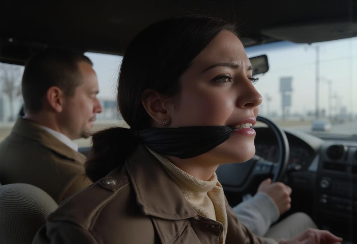 masterpiece, 8k, professional photography, cinematic shot,
foreground : A stunning 20yo turkish woman dressed in a khaki coat and a beige turtleneck sweater, sitting in the passenger seat of a car, subtle makeup, eyeliner, dark eyes, black hair, earrings, (arms behind back:1.3), (hands hidden behind her back),
((gagged)), ((black c1eavegag)), ((struggling)), 
background : a man driving the car