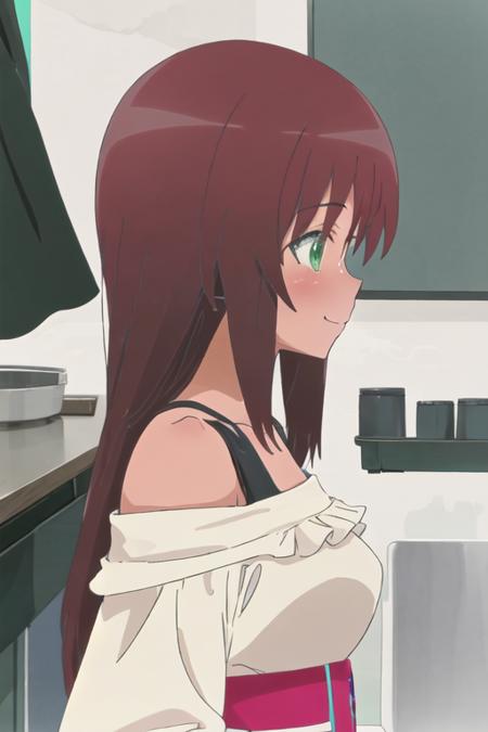 best quality, masterpiece, highres, solo, {kaneshiya_shitara_alicegearaegisexpansion:1.15}, long_hair, brown_hair, green_eyes, blush, 1girl, bare_shoulders, closed_mouth, from_side, off_shoulder, profile, upper_body, blinds, collarbone, smile