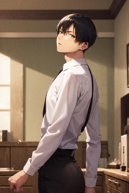 masterpiece, best quality, highres, 1boy, expressionless, standing, from behind, looking at viewer, shaft head tilt  <lora:shaft_head_tilt2:1.2>  <lora:HayakawaAkiChainsawMan_HayakawaAkiChainsawMan:0.9>