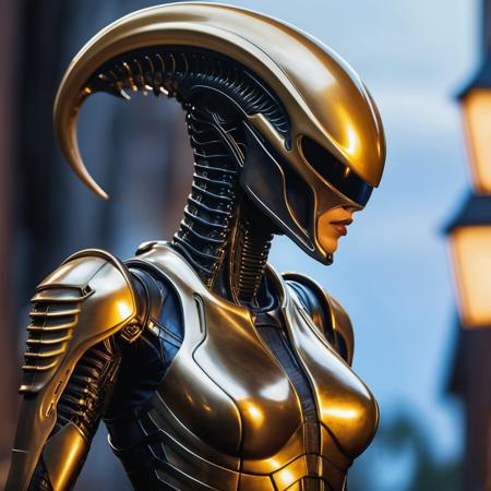 award winning still image, alluring female xenomorph robocop, side view, golden hour glow, dynamic pose, trending on art station, sharp