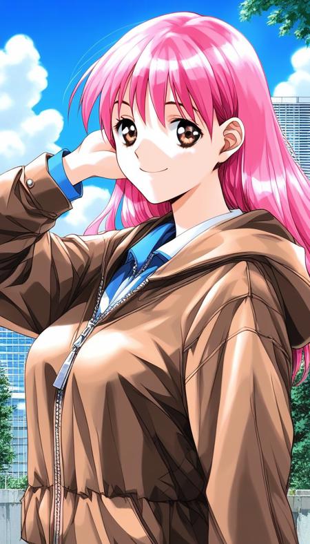 katoMinori, pink hair, brown eyes, medium breasts, katoMinori, pink hair, coke-bottle glasses, medium breasts, twin braids, twintails, 