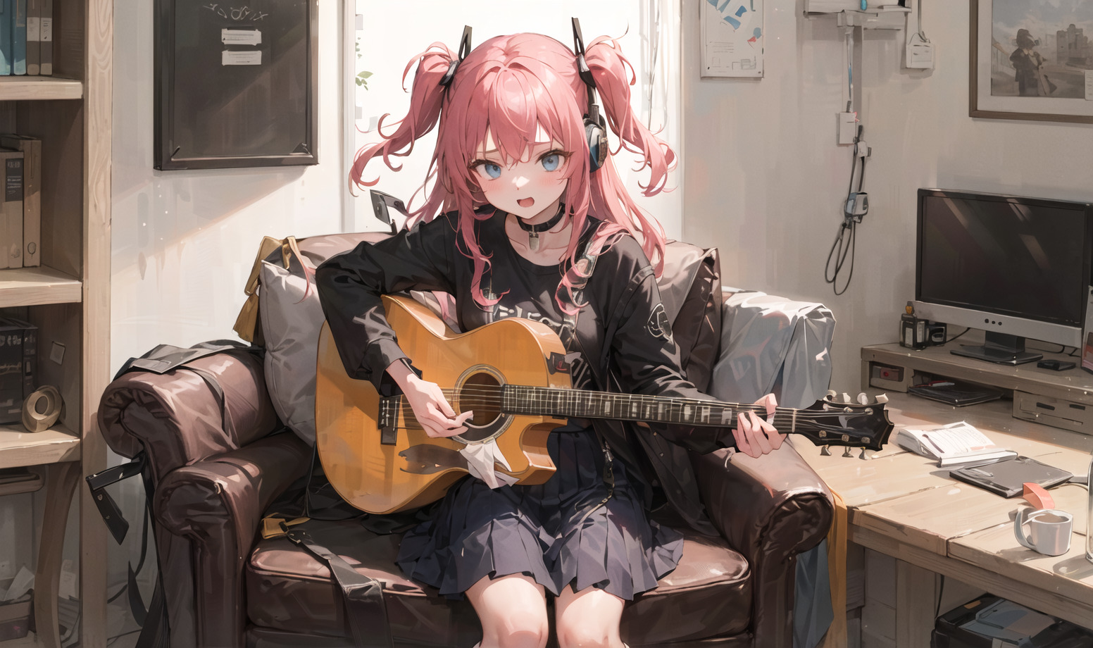 ((masterpiece,best quality))1girl, solo, black skirt, blue eyes, electric guitar, guitar, headphones, holding, holding ple...