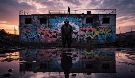 <lora:SDXL Grab-Bag-2 - Gasmask Guys - Trigger is grbtw artstyle:1>, , Film scene showcasing grbtw artstyle , perched atop an abandoned high dive in a drained pool, with graffiti art as the backdrop, taken in silhouette against the evening sky, reflecting on the memories of splashes.