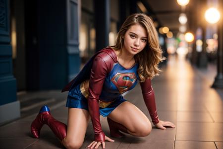 full body,wide shot,photo of a 18 year old girl,supergirl,happy,kneeling,ray tracing,detail shadow,shot on Fujifilm X-T4,85mm f1.2,sharp focus,depth of field,blurry background,bokeh,<lora:add_detail:1>,