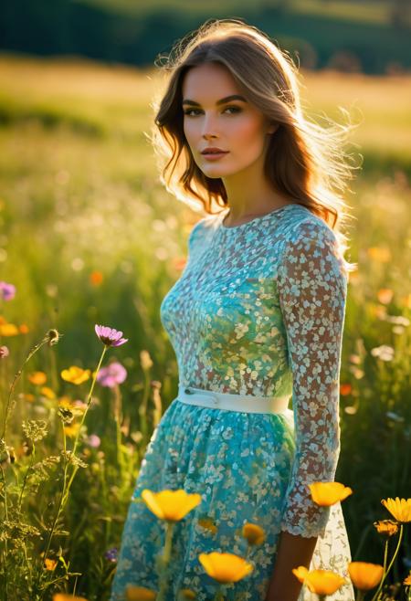 poster image, art in style 1960's Mod Fashion Icon, Shadow art, atmosphere of neon lights, romance, fairytale, bathed in the soft, warm glow of natural light, She stands among a meadow of wildflowers, with sunlight streaming through, high ISO and long shutter speed, Add subtle imperfections from jpg compression artifacts, nostalgic vibe, bokeh effects, 4K resolution
