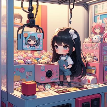 claw machine claw is clamping a doll box up hand on bottom panel control joystick and press button with hand ribbon lace overalls