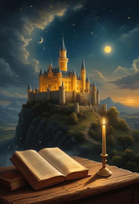 This image is a highly detailed, digital painting depicting an open book with a fantastical, illuminated cover. The book, which appears to be an ancient tome, has an ornate, gold-embossed cover with intricate designs. The cover art is a vibrant, magical landscape featuring a castle with tall, spires and windows aglow with warm, yellow light. The castle is set against a starry, night sky filled with twinkling stars, creating a celestial effect. The foreground of the cover shows a lone, silhouetted figure standing on a rocky outcropping, gazing up at the castle. The figure appears to be a man dressed in medieval attire, with a long cloak and a sword at his side.
The background of the image is a softly lit, cozy room, with wooden furniture and dimly visible objects, suggesting a study or library. The book itself is placed on a wooden surface, with scattered papers and a pen nearby. The lighting in the room is warm and soft, enhancing the magical and otherworldly atmosphere of the book cover. The overall style of the image is a blend of realism and fantasy, with a high level of detail and texture, making it appear almost three-dimensional. , <lora:ImageUpgraderV2:0.75>, <lora:aidmaMJ6.1-FLUX-V0.1:0.6>, <lora:fluxenhancer:0.6>, ultra quality, ultra detailed