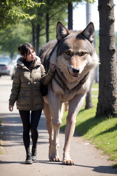 a woman is walking a grey wolf