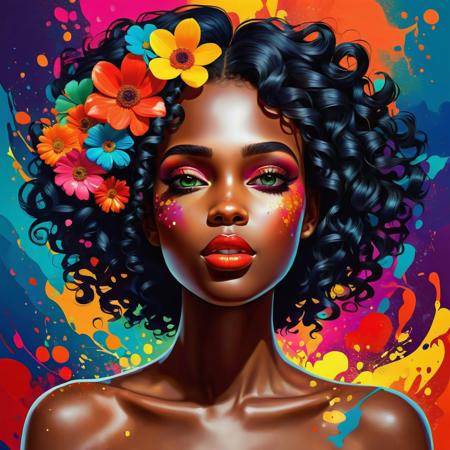 Create a vibrant and high-resolution digital illustration of a young woman with dark skin and curly, voluminous hair adorned with colorful flowers. She is wearing a strapless top with a colorful paint-splattered pattern. The background is an abstract mix of bright, bold colors, adding to the lively and energetic feel of the artwork. The woman's expression is confident and slightly playful, with glossy, highlighted skin and bold makeup. The overall style should be dynamic and modern, with a focus on vivid colors and detailed textures.