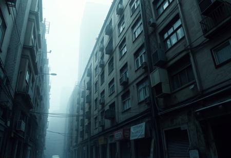 A highly detailed, photorealistic image of an urban cyberpunk style cityscape, with run down buildings close together, narrow alleyways, and fog, the view is low down near the street