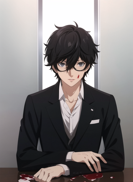 persona5 anime style, amamiya ren, 1boy, black hair, black jacket, blood, blood on face, buttons, gradient background, grey eyes, hair between eyes, indoors,  injury, jacket, long sleeves, looking at viewer, male focus, messy hair, parted lips, shirt, solo, suit jacket, upper body, white shirt, dark room, ((masterpiece))  <lora:persona5_anime_style_offset:1>