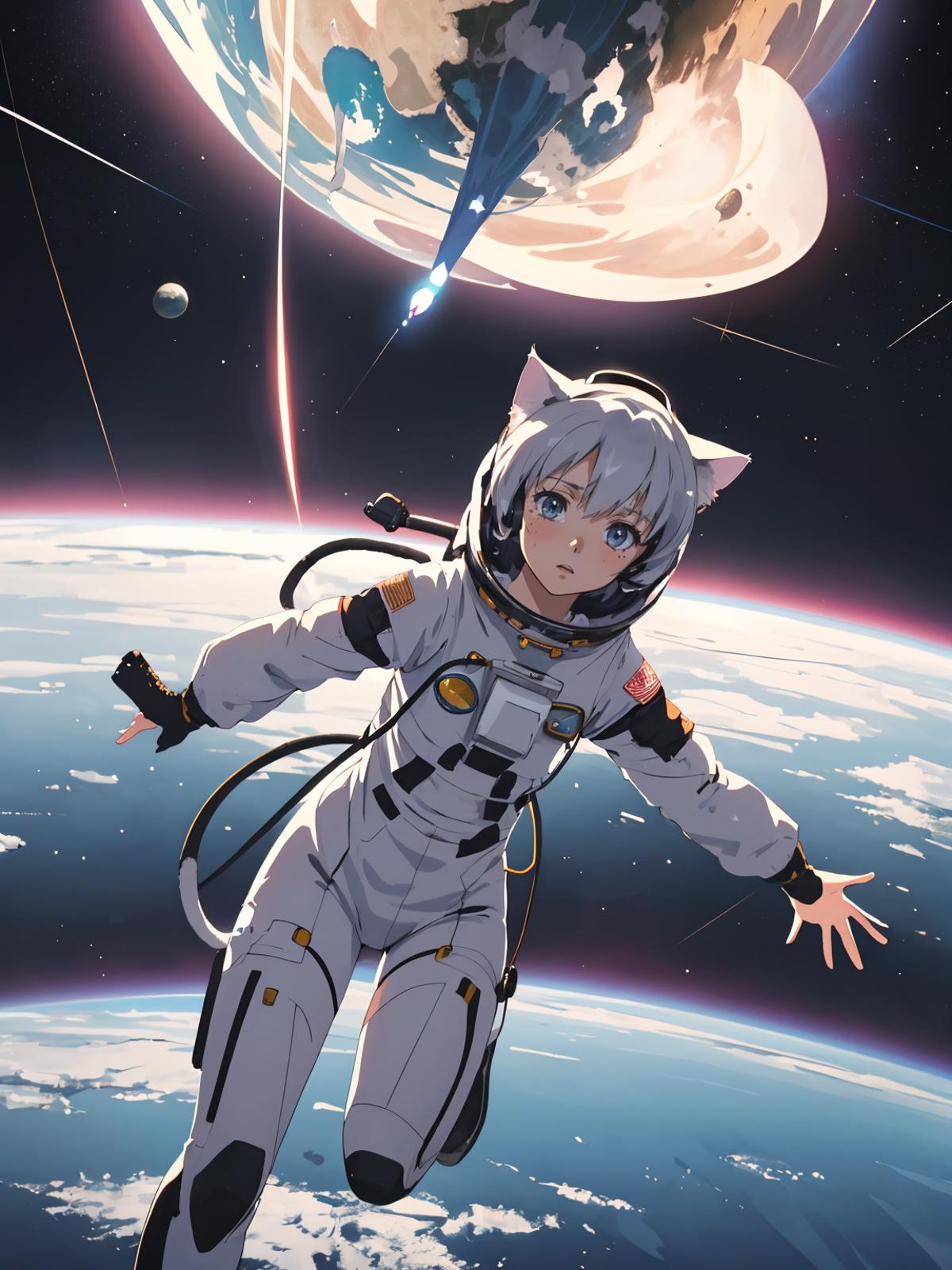 Anime character wearing a white spacesuit and helmet, looking at the camera.