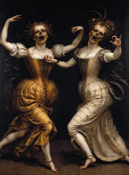 a renaissance painting of two women dancing,<lora:g1g3r:1>,horror,dreadful,ugly,death,