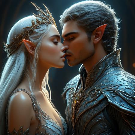 brutal handsome man kissing a beautiful elven queen, magical, sci-fi, beautiful, unimaginable, 
very dramatic, naturalistic, photorealistic, highly detailed digital art, science vs fantasy, 
accurate intricate and realistic anatomy, 
soft lighting, Cinematic, Color Grading, Editorial Photography, volumetric lighting, atmospheric, Photography,