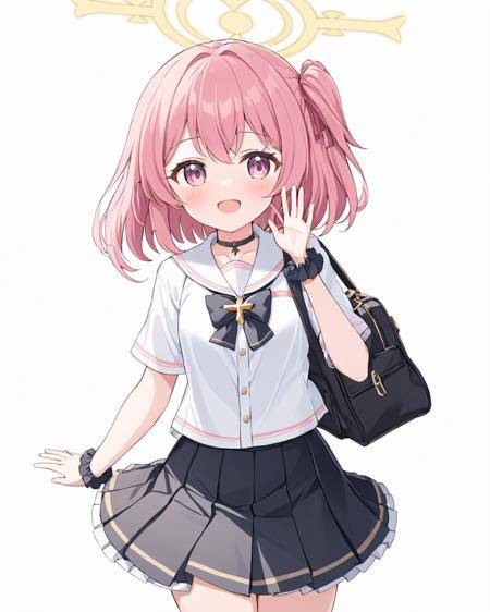 serina \(blue archive\),1girl, halo, waving, solo, school_uniform, white_shirt, blush, black_bowtie, black_choker, white_background, simple_background, school_bag, looking_at_viewer, shoulder_bag, pleated_skirt, open_mouth, alternate_costume, black_bag, symbol-shaped_pupils, smile, black_skirt, shirt_tucked_in, red_ribbon, hair_ribbon, wrist_scrunchie, collared_shirt
<lora:serina_(blue_archive)_image162_batch3_v1:1>,halo,. gorgeous,key visual, vibrant, studio anime,award-winning, professional, highly detailed,high budget, cinemascope