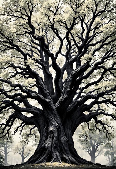 Raw photo, ((best quality)), 8k, high texture resolution, dense crown of an ash tree,  ancient, old tree,  a fantastic landscape surrounds this tree, ((masterpiece)),  <lora:aidmaFLuxPro1.1_v0.3:1> aidmafluxpro1.1,  <lora:aidmaHyperrealismv0.3:1> aidmaHyperrealism
<lora:tbh124-sdxl:0.15> style of Jean-Antoine Watteau,
<lora:tbh129-sdxl:0.15> style of Michael Cheval,
<lora:Sinozick:0.15>,
<lora:add-detail-xl:0.7>,
<lora:aidmaMJ6.1_v0.5_2:0.3> aidmamj6.1,
<lora:Flux-XL_Scenery:0.15> flux-scenery,
<lora:Flux-style-xl-lora:0.15> flux-style,
<lora:FLUX-daubrez-DB4RZ-v2:0.35> DB4RZ, DB4RZ style painting <lora:illustration004:0.8> illustration004 chaotic expressive line-art scribbled and erratic strokes monochromatic black ink <lora:Scribble Portrait Drawing:0.35> Drawing <lora:aidmaMJ6.1_v0.5_3:0.35> aidmamj6.1, aidmamj6, mystcorbCE_style