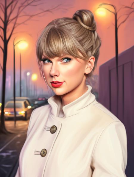 TaylorSwift, (art by Loish:1.1) ,art by Ross Draws, Feral thick Girl, ð¤­, Diplomat, wearing Cream Toggle coat, Messy bun hair, Calming Crazy Eyes, Glowing deep orange Eyes, near Underpass, fall street, Moon in the night, Detailed illustration,  <lora:TaylorSwiftSD1.5:1>