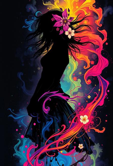A surrealist illustration of a womans silhouette, full body, with swirls of bright multicolored blacklight ink swirling around her in beautiful colors. flowers in her hair