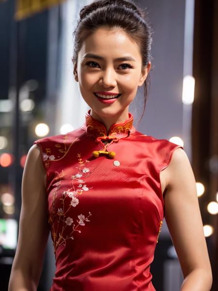 1girl,(wearing  cheongsam:1.4), hair bun,(RAW photo, best quality), (realistic, photo-realistic:1.4), masterpiece, an extremely delicate and beautiful, extremely detailed, 2k wallpaper, Amazing, finely detail, extremely detailed CG unity 8k wallpaper, ultra-detailed, highres, soft light, beautiful detailed girl, extremely detailed eyes and face, beautiful detailed nose, beautiful detailed eyes,cinematic lighting,city lights at night,perfect anatomy,slender body,smiling<lora:Gaoyuanyuan_v12:0.8>