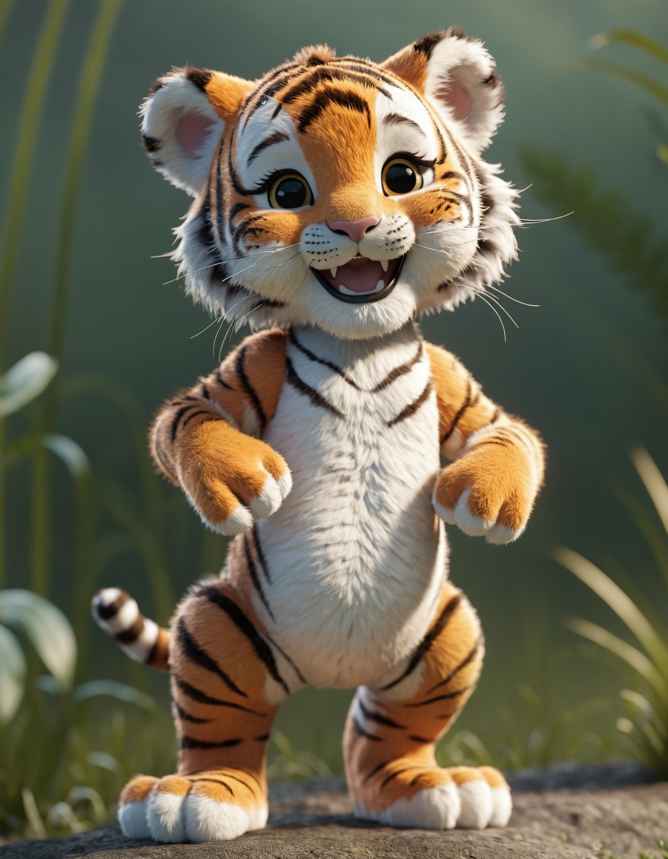 high quality cgi, closeup, cute little tiger, smile, funny, standing on two legs, perfect environment, high detailed
