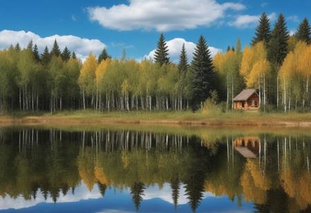 very realistic photograph of a diverse forest of deciduous trees (birch, aspen, maple) and conniferous trees (fir, pine, spruce) blue sky background with cumulus clouds and lake with a log cabin