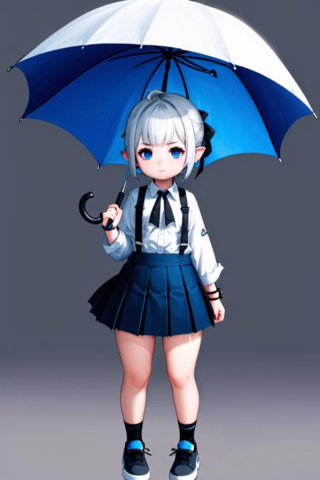 1girl,  LalaTater,  bike shorts,  bike shorts under skirt,  black footwear,  black nails,  black skirt,  blue eyes,  bracelet,  child,  full body,  holding,  holding umbrella,  jewelry,  looking at viewer,  nail polish,  pleated skirt,  ponytail,  shirt,  shoes,  short hair,  shorts,  shorts under skirt,  simple background,  skirt,  sneakers,  standing,  suspender skirt,  suspenders,  umbrella,  white background,  white hair,  white shirt,  chibi, <lora:EMS-61490-EMS:0.600000>