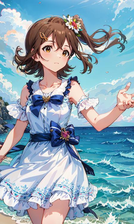 mirai kasuga (million live), (best quality, 8K, masterpiece, ultra detailed:1.2), wide shot, depth of field,
day, sea, floating hair, white dress,