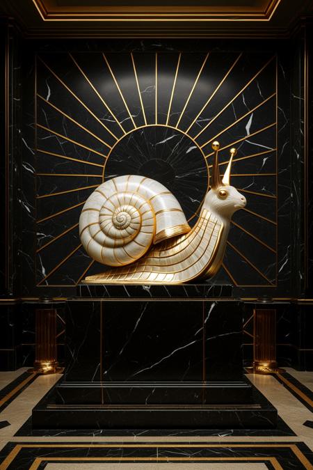 A majestic Art Deco interior featuring a monumental marble sculpture of a snail on a black marble pedestal. The snail is intricately detailed with sharp, clean golden lines forming a dense geometric grid on its body and bold concentric arcs on the shell. The background wall features a dramatic sunburst pattern in gold over dark blue marble, evoking the grandeur of a 1930s train station lobby. The atmosphere radiates opulent futurism, blending natural elegance with mechanical symbolism. Strong contrast between cold grayish marble and luminous gilded accents, perfect symmetry and theatrical lighting, The background is cool-toned gray marble, with radiant sunburst lines behind the figure. Every surface shimmers with polished metal and black stone, exuding futuristic optimism as envisioned in the opulent age of the Roaring 20s. The darkest blacks contrast with the most brilliant gold, surrounded by geometric architecture, mechanical motifs, and heroic grandeur. Elegant lighting enhances the drama. Inspired by heroic propaganda murals and luxurious train stations.