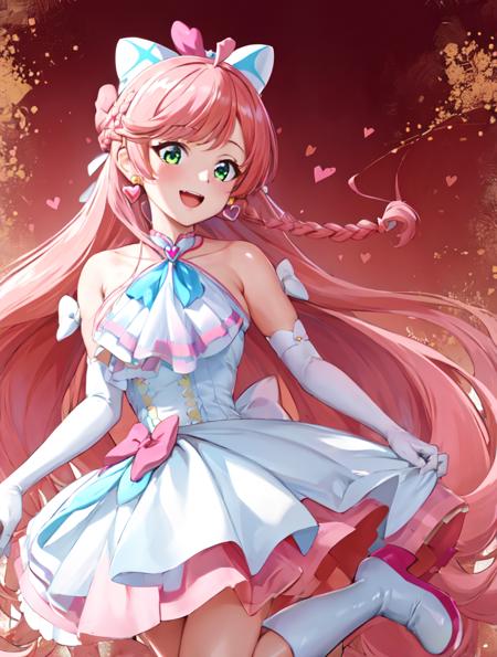 cure prism pink hair, long hair, side braid, white ascot, white boots, elbow gloves, hair ribbon, earrings, layered skirt, heart ahoge, sleeveless