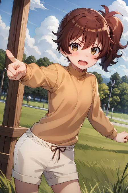 best quality, masterpiece, detailed,
<lora:ImoutoSaeIrebaIi_HarutoImouto-000010:0.8>, HarutoImouto,
solo, open mouth, blush,
brown hair, brown eyes, side ponytail, fang,
turtleneck, orange sweater, white shorts,
standing, pointing at viewer, looking at viewer,
outdoors, sky, grass, clouds