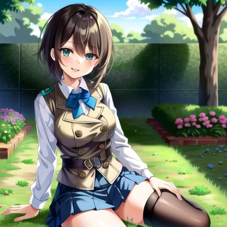 aoi, solo, 1girl (sitting in a garden:1.4) with (short brown hair:1.2) and (green eyes:1.3) and wearing (pleated skirt and brown vest and collared shirt and blue bow and black thighhigh:1.3)
{{{masterpiece}}}, {{best quality, super fine illustration}}, ((dense hair)),  ((beautiful eyes)),{very delicate light, perfect and delicate limbs}, {{ fine luminescence ,very fine 8K CG wallpaper}}, ((an extremely delicate and beautiful girl)), dynamic angle, l (staring blankly, lovely big eyes), beautiful detailed eyes, (absurdres, incredibly absurdres, illustration, ultra-detailed),
solo, high quality, CG, wallpaper, anime girl,dense hair, cute face, two legs, detailed hair, (very detailed hair), (beautiful eyes), Na-ga style