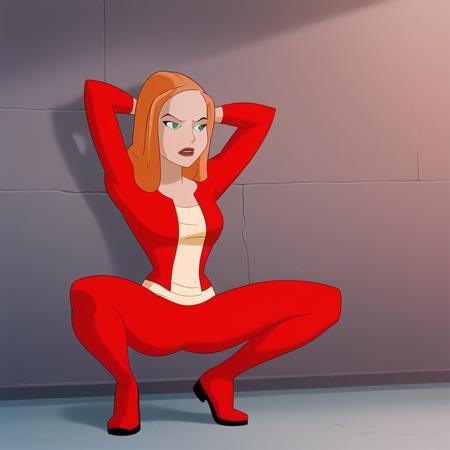 jackiewallace, 1girl, solo, orange hair, long hair, green eyes,  lipstick, jacket, shirt, red pants